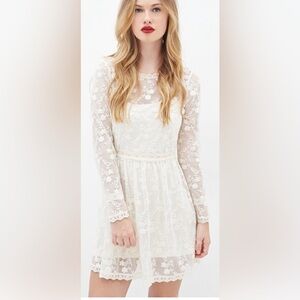 Forever 21 Dress Mini Lace Off White Long Sleeve Side Zip Button Back Sz M